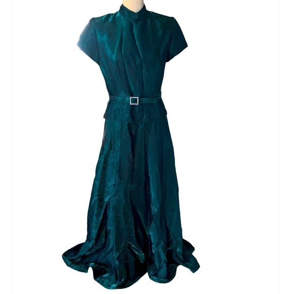 Vintage Dresses & Skirts - Vintage Laura Salkin Emerald Green Short Sleeve Maxi Formal Dress Size 11/12
